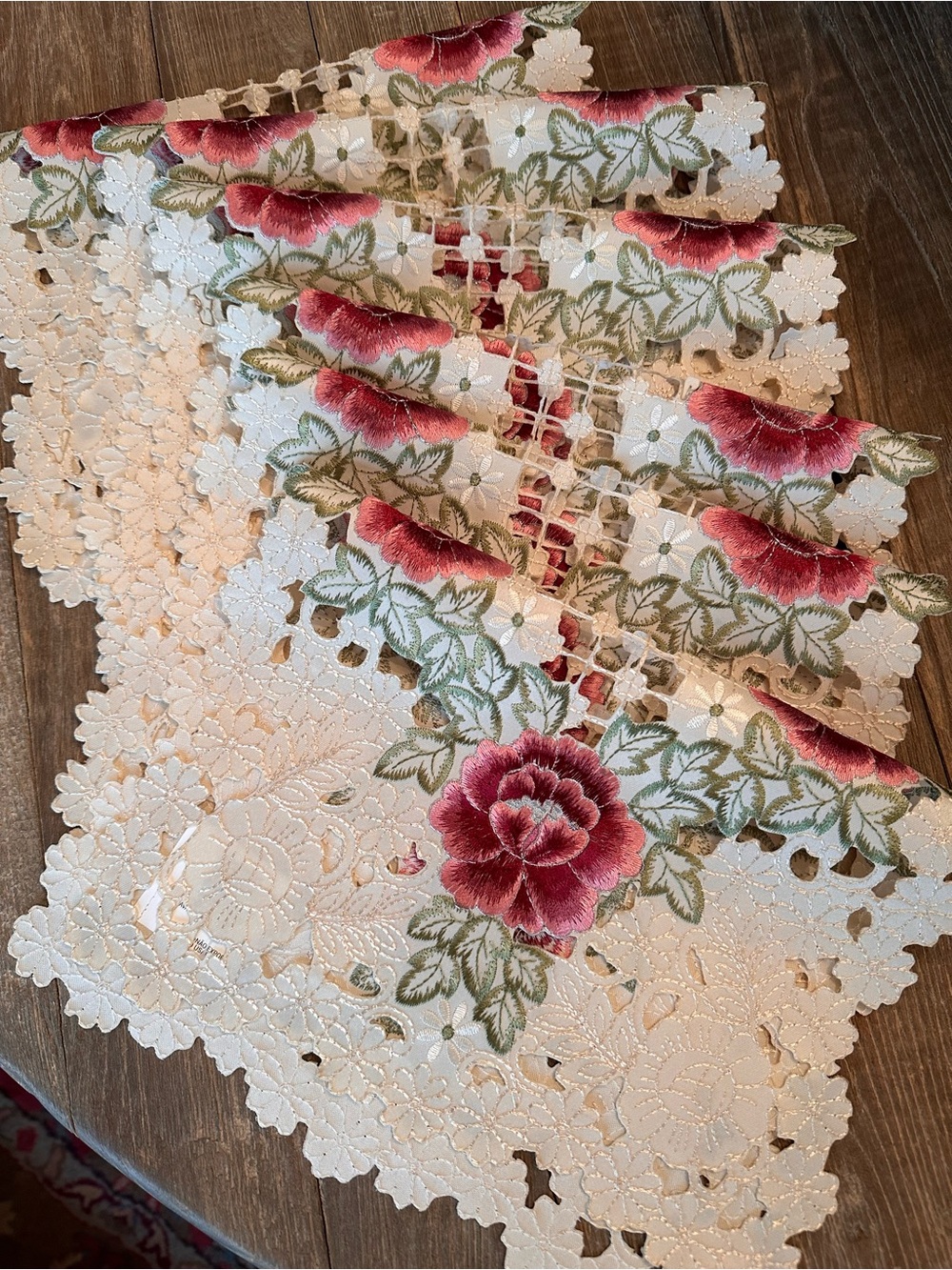 Embroidered Floral Lace Table Runner and place mats- Pink Rose on Cream